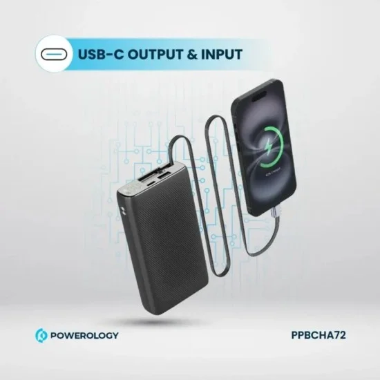 Power Bank 20000Mah Retractable Cable Powerology - Black